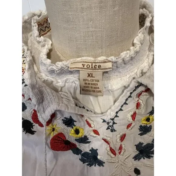 Voice Embroidered Tunic Womens XL White Boho Floral Peasant Top India Festival - Picture 12 of 12
